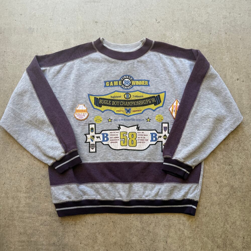Vintage 1991 Bugle Boy Championships Gray Purple Crewneck Pullover Sweatshirt